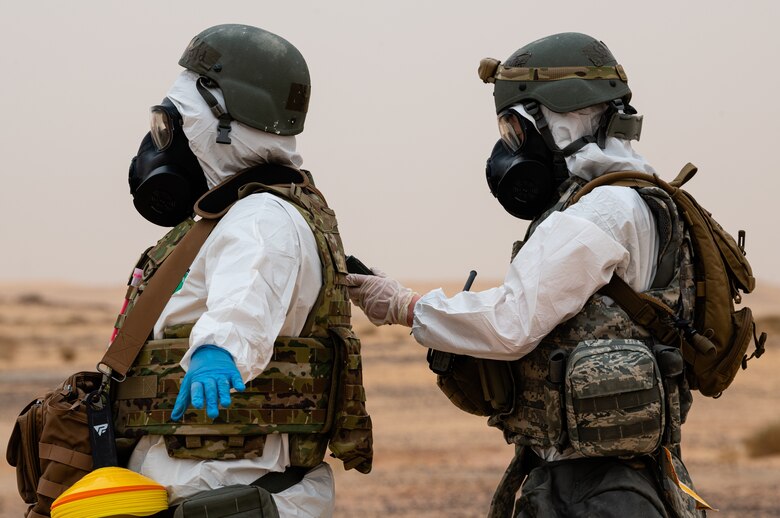 Airmen from the 378th Expeditionary Civil Engineer Squadron emergency management flight recently participated in a hazardous materials exercise at Prince Sultan Air Base, Kingdom of Saudi Arabia.