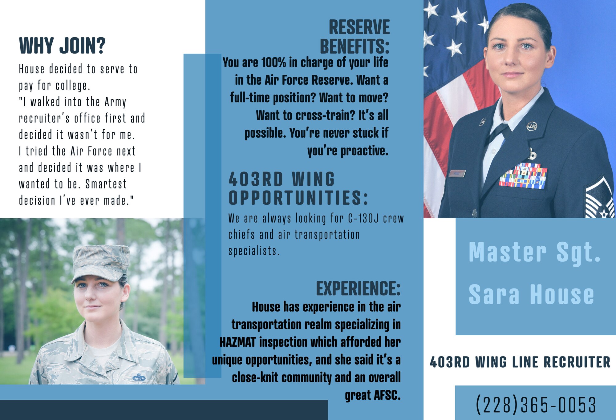 This graphic is part two of a series. Master Sgt. Sara House is a line recruiter for the Air Force Reserve's 403rd Wing. At the start of her now 17-year career, House served 6 years on active duty before joining the 403rd's 41st Aerial Port Squadron. Being a recruiter is her second Title 10 tour, as she previously served as the instructor for the wing's Development and Training Flight. (U.S. Air Force graphic by Staff Sgt. Kristen Pittman)