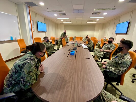 Sailors assigned to Commander, Destroyer Squadron Seven (DESRON 7) participate in a Navy-wide stand-down to address extremism in the ranks. DESRON 7 serves as the primary tactical and operational commander of littoral combat ships rotationally deployed to Southeast Asia, builds partnerships through training exercises and military-to-military engagements, and supports Expeditionary and Littoral warfighting commanders. (U.S. Navy photo by Lt. Lauren Chatmas)
