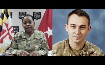 Army Capt. Joshua Carr interviews Army Brig. Gen. Janeen Birckhead, the Maryland National Guard’s assistant adjutant general for Army, about the Maryland Guard’s COVID-19 response during an episode of “Leader’s Recon” from the Herbert R. Temple Army National Guard Readiness Center in Arlington, Virginia, March 31, 2020. Carr, a team chief of strategic communications in an Army National Guard directorate, usually serves as host of “Leader’s Recon,” a video podcast that aims to create accessible leader development content for Soldiers.