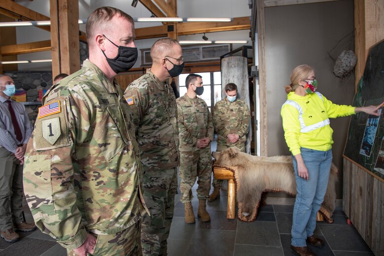 Julie Anderson, chief of the Operations Branch for U.S. Army Corps of Engineers – Alaska District, briefs Maj. Gen. William Graham (second from left), deputy commanding general for USACE Civil and Emergency Operations; Col. Kirk Gibbs (left), USACE Pacific Ocean Division commander; and Col. Damon Delarosa, USACE Alaska District commander; on activities associated with the Chena River Lakes Flood Control Project in North Pole, Alaska, on Feb. 19.