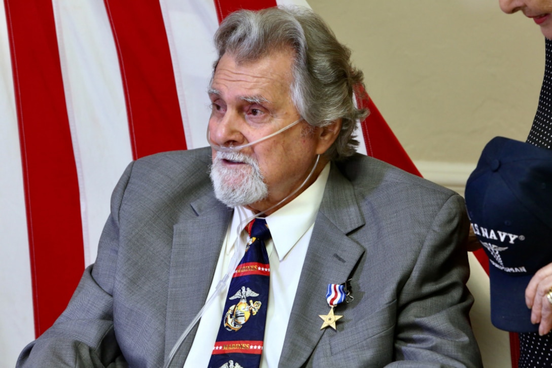 U.S. Marine Corps Cpl. Salvatore Naimo, a Korean War Veteran, answers questions from local news agencies after being awarded the Silver Star in Sarasota, Florida on March 17, 2021.