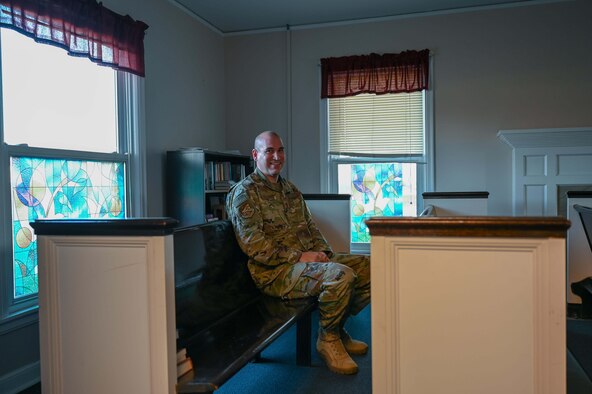 Maj. Len Brokenshire, 934th Airlift Wing chaplain, poses for a photo in the 934 AW Chapel at the Minneapolis-St. Paul Air Reserve Station on Nov. 21, 2020. Brokenshire was awarded the Bronze Star for his accomplishments during a deployment to the Middle East in late 2019.