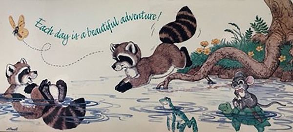 A graphic of raccoons playing in a pond.