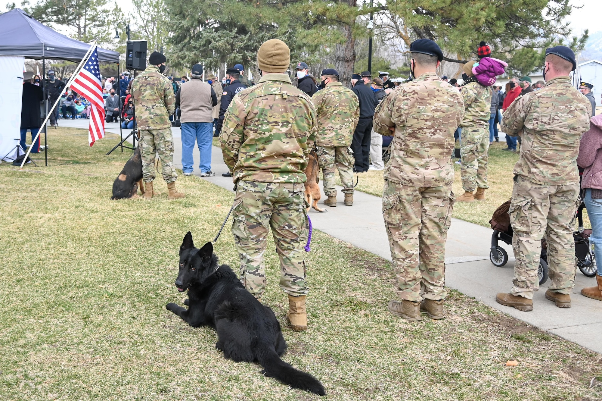 Handlers and their Military Working Dogs from 75th Security Forces Squadron at Hill Air Force Base, Utah, attend the Vietnam Veterans War Dog Memorial dedication ceremony Mar. 13, 2021, in Layton, Utah. The memorial features a monument honoring war dogs that served during a time when they were forgotten. (U.S. Air Force photo by Cynthia Griggs)