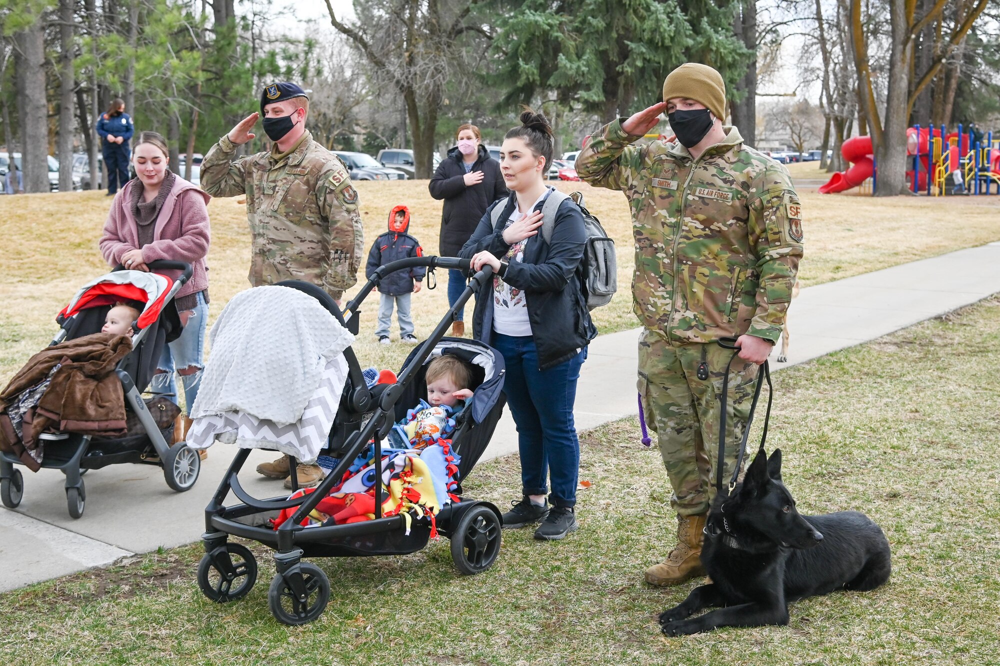 Handlers and their Military Working Dogs from 75th Security Forces Squadron at Hill Air Force Base, Utah, attend the Vietnam Veterans War Dog Memorial dedication ceremony Mar. 13, 2021, in Layton, Utah. The memorial features a monument honoring war dogs that served during a time when they were forgotten. (U.S. Air Force photo by Cynthia Griggs)
