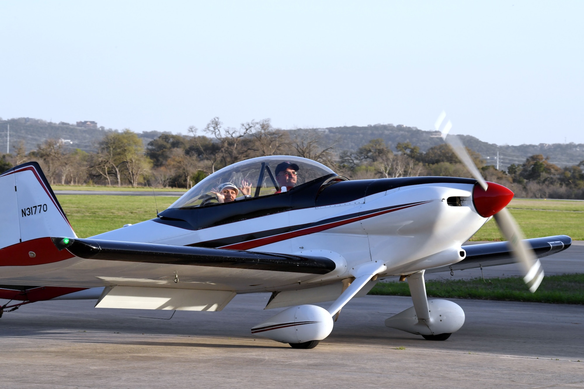 Maj. Cindy Piccirillo, 149th Fighter Wing director of inspections, lands after her ride with Col. Raul Rosario, 149th FW commander, in an RV-4 airplane over Bulverde, Texas, March 15, 2021.