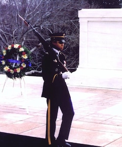 Then-Sgt. Danyell (Wilson) Walters takes her watch as a sentinel at the Tomb of the Unknown Soldier at Arlington National Cemetery in 1997. Walters, now a sergeant major and senior enlisted adviser for U.S. Army Medical Logistics Command, is one of just four women to serve as a tomb guard with the prestigious 3rd U.S. Infantry Regiment, known as "The Old Guard." (Courtesy Sgt. Maj. Danyell Walters)