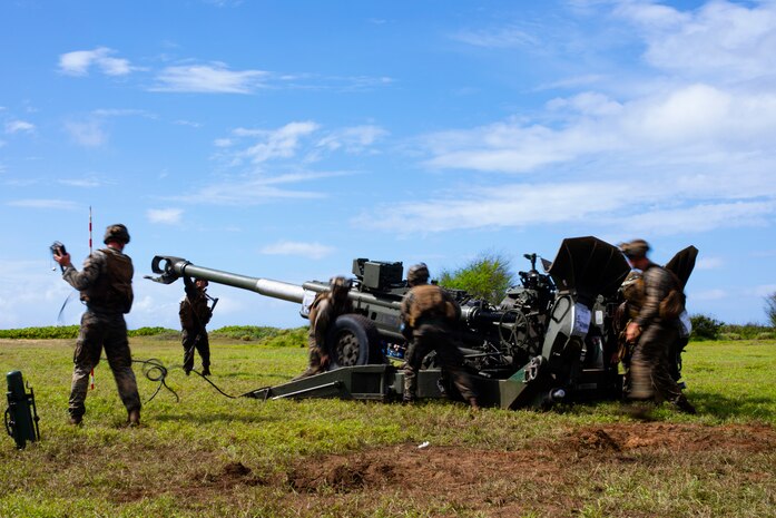 U.S. Marines with Alpha Battery, 1st Battalion, 12th Marines, set up an M777A2 Howitzer during exercise Spartan Fury 21.1, Pacific Missile Range Facility, Kauai, Hawaii, March 10, 2021. Exercise Spartan Fury demonstrates 1/12’s ability to conduct distributed operations inside an adversary’s sensors and weapons engagement zone, attain and defend key maritime terrain, and conduct sea denial in support of fleet operations. (U.S. Marine Corps photo by Lance Cpl. Brandon Aultman)