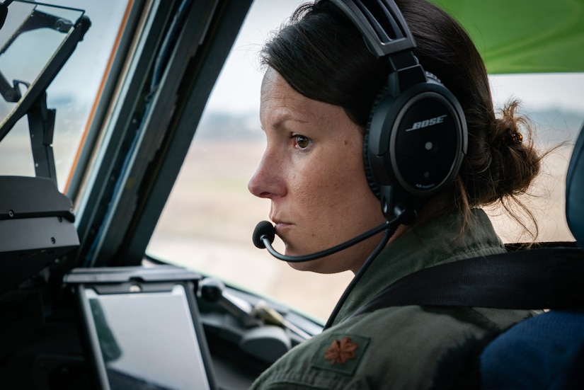 Capt. Alisha Stroble, 16th Airlift Squadron deputy chief of tactics and C-17 pilot, prepares to take-off at Pope Army Airfield, N.C., March 17, 2021. Women from the 437th Airlift Wing, Joint Base Charleston, S.C., conducted an all-female two-ship flight including 80 female paratroopers from the 82nd Airborne Division, Pope AAF, in commemoration of Women’s History Month. Due to weather constraints, the paratroopers were unable to complete their jump. (U.S. Air Force photo by Staff Sgt. Rachel Pye)