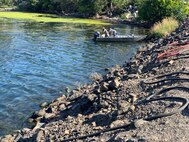 Two US Army Corps of Engineers employees inspect a flowering rush infestation from a boat.