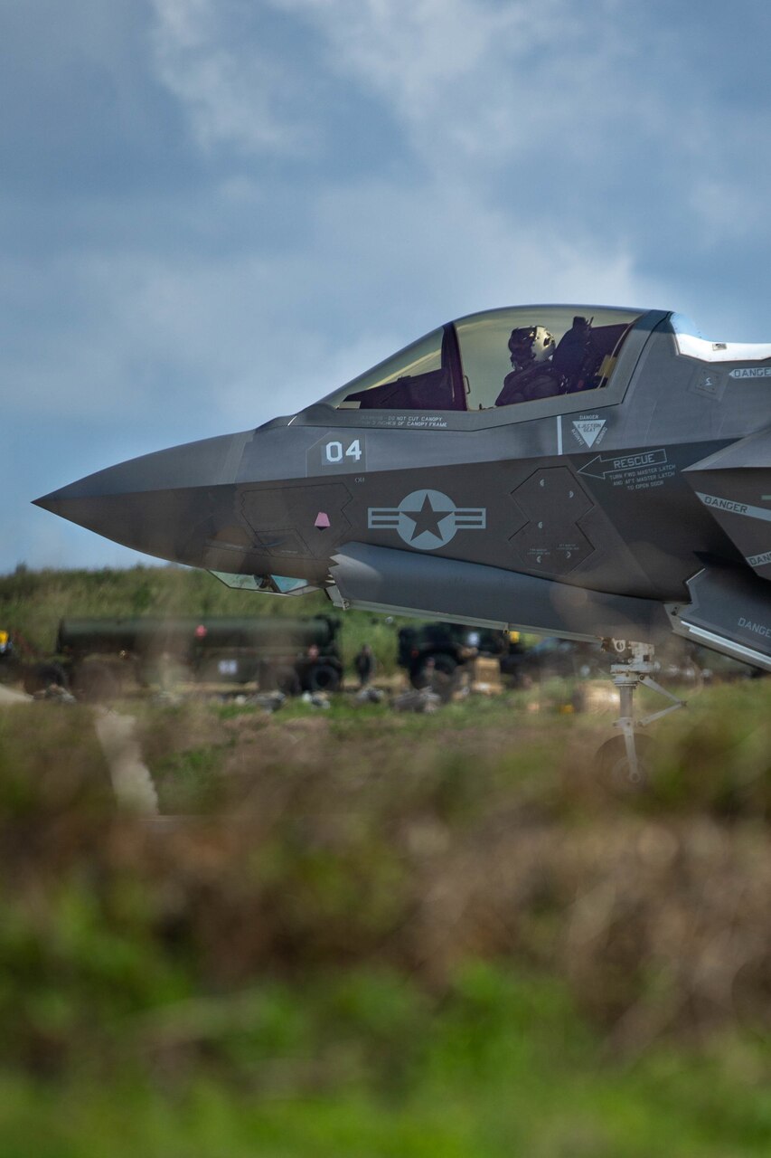 An F-35B Lightning II from VMFA-121, 1st Marine Aircraft Wing, takes off from an expeditionary airfield during Castaway 21.1 at Ie Shima, Okinawa, Japan, Mar. 8, 2021. Pilots demonstrated their ability to take off and land on short runways, allowing for operations in remote, austere environments throughout the Indo-Pacific region.