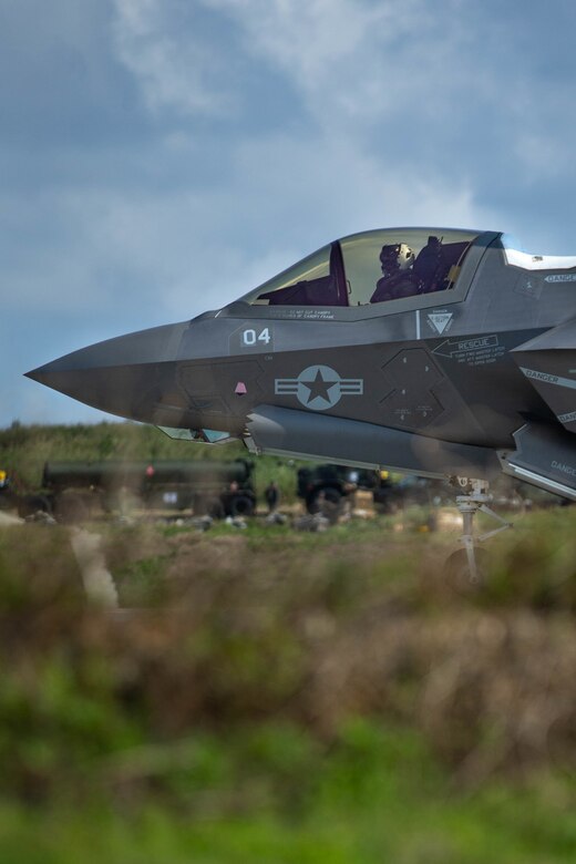 An F-35B Lightning II from VMFA-121, 1st Marine Aircraft Wing, takes off from an expeditionary airfield during Castaway 21.1 at Ie Shima, Okinawa, Japan, Mar. 8, 2021. Pilots demonstrated their ability to take off and land on short runways, allowing for operations in remote, austere environments throughout the Indo-Pacific region.