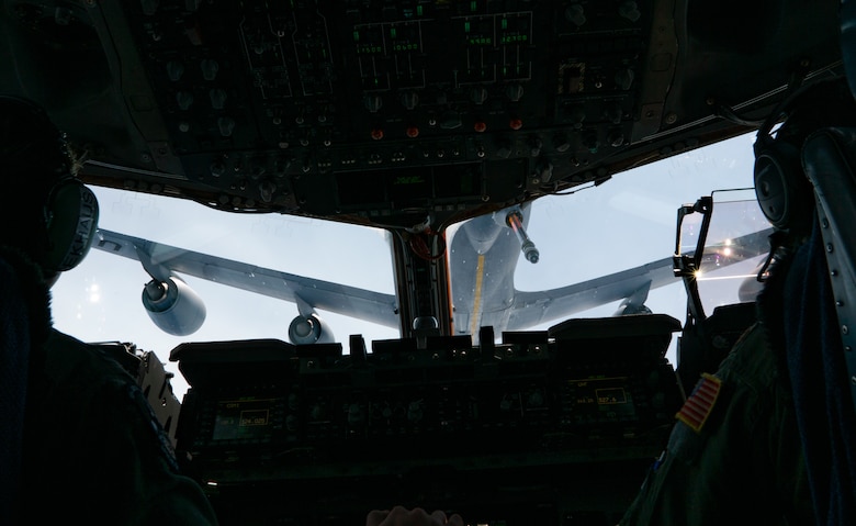 Women from the 437th Airlift Wing, Joint Base Charleston, S.C., conducted a C-17 all-female two-ship flight which included an aerial refueling mission with a KC-135 assigned to the 171st Air Refueling Wing, Pittsburg, Pennsylvania, March 17. 2021. The two-ship all-female formation was conducted to commemorate Women's History Month. (U.S. Air Force photo by Staff Sgt. Rachel Pye)