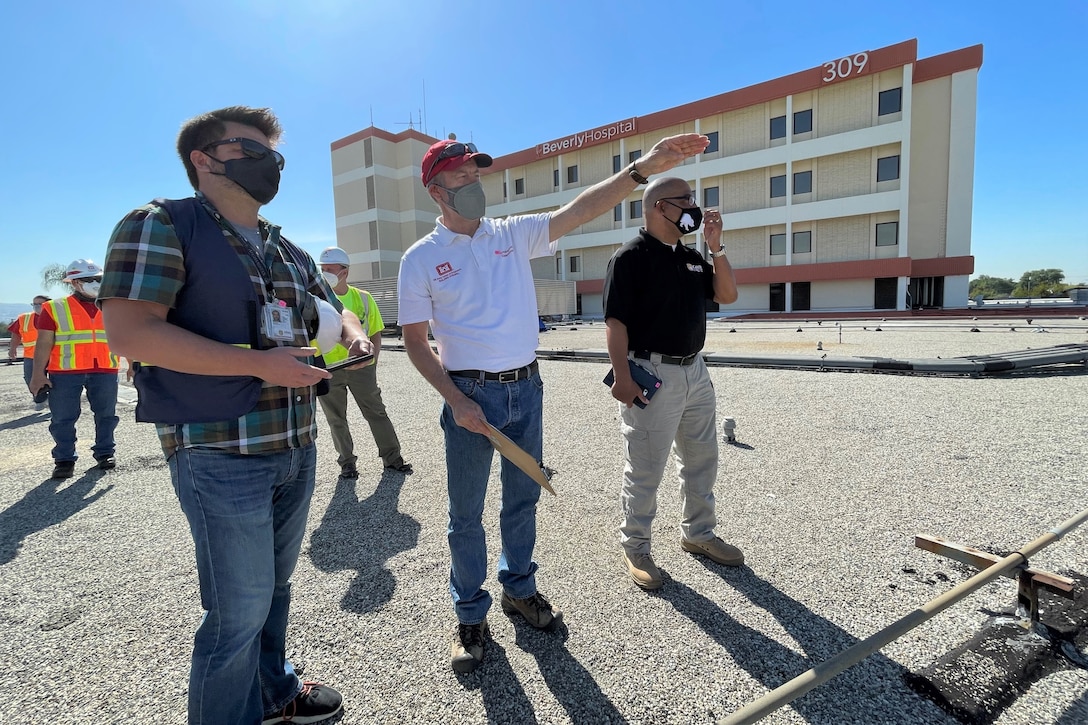 A team that includes subject-matter experts from the U.S. Army Corps of Engineers, the Federal Emergency Management Agency, the California Department of Public Health and the California Governor’s Office of Emergency Services conduct a final inspection of work at Beverly Community Hospital in Montebello, California, March 19, 2021, as part of the Federal Emergency Management Agency’s support to California in response to the COVID-19 pandemic.