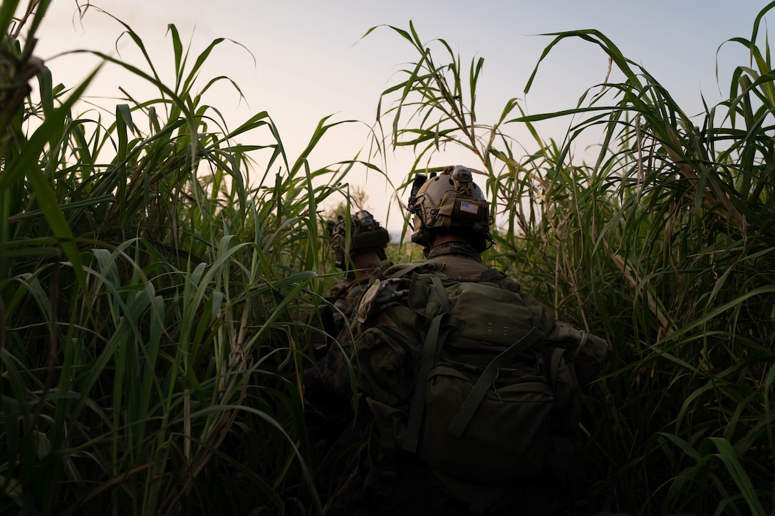 U.S. Marines with 3d Reconnaissance Battalion, 3d Marine Division reconnoiter their area of operations after conducting a military freefall infiltration during Castaway 21.1 on Ie Shima, Okinawa, Japan, Mar. 9, 2021. The exercise demonstrated the Marine Corps’ ability to integrate with the joint force to seize and defend key maritime terrain, provide low-signature sustainment, and execute long-range precision fires in support of naval operations from an expeditionary advanced base.