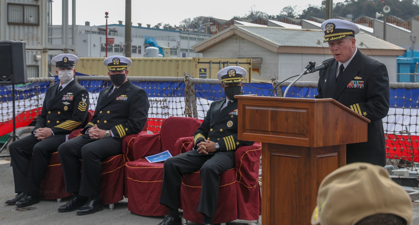 YOKOSUKA, Japan (March 19, 2021) Cmdr. Todd Penrod delivers his farewell address to the crew of the  Arleigh-Burke class guided-missile destroyer USS Mustin (DDG 89) during a change of command ceremony aboard Mustin while in port at Naval Base Yokosuka. (US Navy photo by Mass Communication Specialist 3rd Class Arthur Rosen)