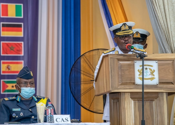 Vice Adm. Seth Amoama, Chief of Defence Staff of the Ghana Armed Forces, gives remarks during the opening ceremony for Exercise Obangame Express, March 19, 2021.