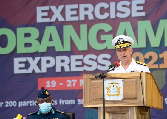 Adm. Robert P. Burke, commander, U.S. Naval Forces Europe and Africa, gives remarks during the opening ceremony for Exercise Obangame Express, March 19, 2021.
