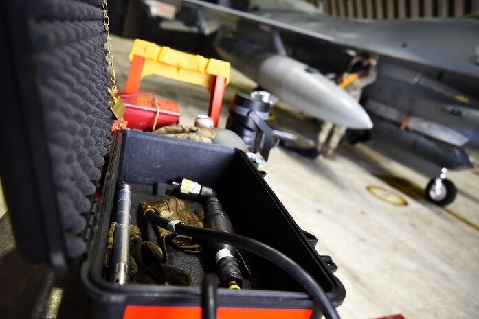 Equipment sits on a tool cart at Kunsan Air Base, Republic of Korea, March 21, 2021. Maintainers work 24-hour operations to keep F-16 Fighting Falcons mission-ready. (U.S. Air Force photo by Senior Airman Suzie Plotnikov)