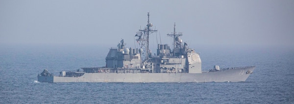 ARABIAN SEA (March 19, 2021) – U.S. Navy guided-missile cruiser USS Port Royal (CG 73) transits the Arabian Sea in support of Gulf Arabian Sea Warfare Exercise (GASWEX) 21. GASWEX 21 is a multilateral maritime exercise in the Arabian Sea and Gulf of Oman, with France, Belgium, Japan, and U.S., which provides a unique opportunity for participating forces to enhance mutual interoperability and capabilities in maritime security, anti-air warfare, anti-surface warfare, and anti-submarine warfare operations, allowing participating naval forces to effectively develop the necessary skills to address threats to regional security, freedom of navigation and the free flow of commerce. (U.S. Navy photo by Mass Communication Specialist 2nd Class Jeremy Laramore)