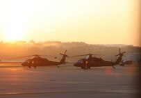 Two D.C. National Guard UH-60 Blackhawk helicopters sit on the tarmac at Davidson Army Airfield prior to an aeromedical support mission 25 April 2020. (US Army Photo by SSG Andrew Enriquez, DC National Guard 715th Public Affairs Detachment)