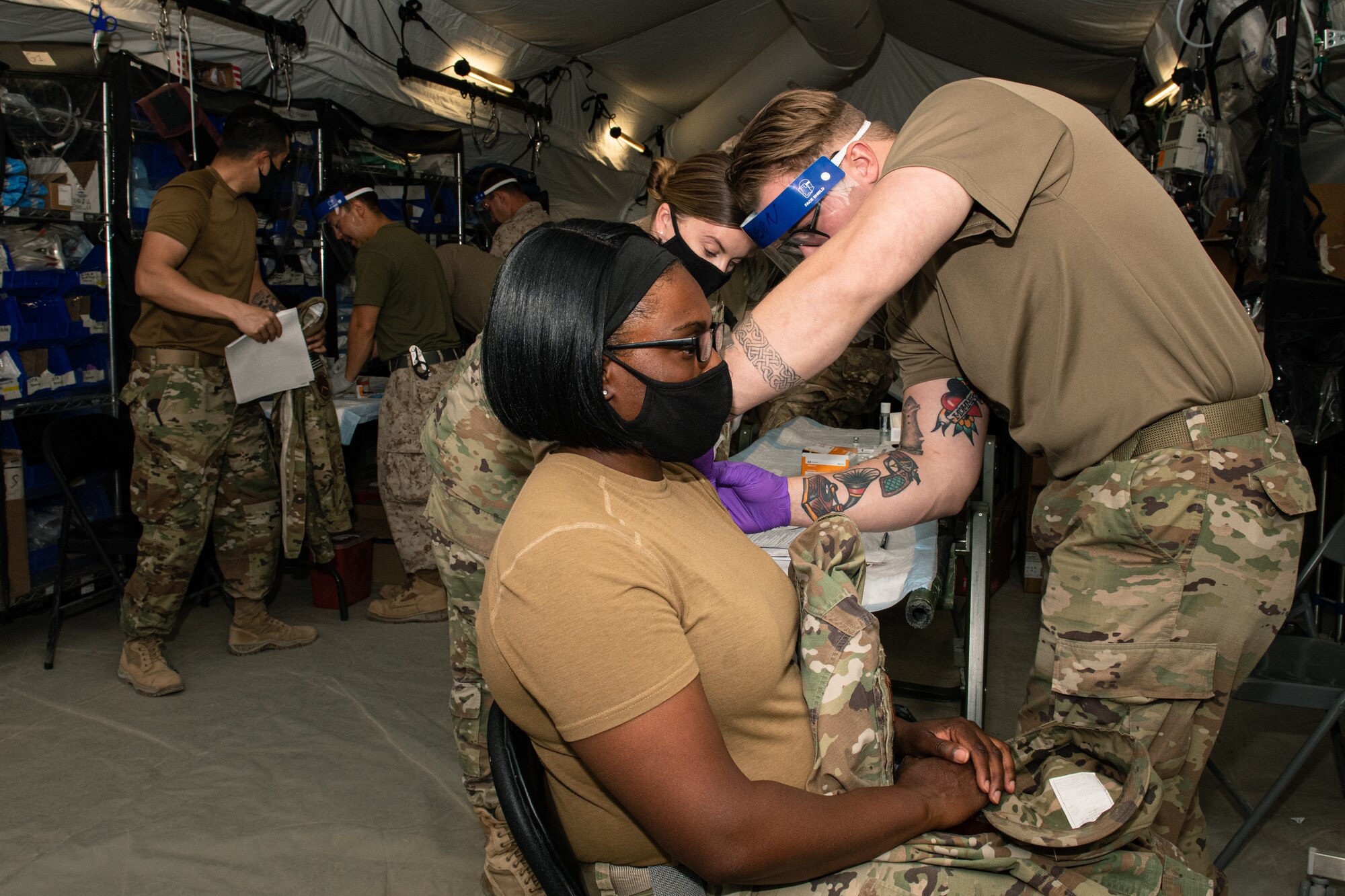Medical personnel from the 378th Expeditionary Medical Squadron administered COVID-19 vaccinations to joint force personnel March 16, 2021, at Prince Sultan Air Base, Kingdom of Saudi Arabia.