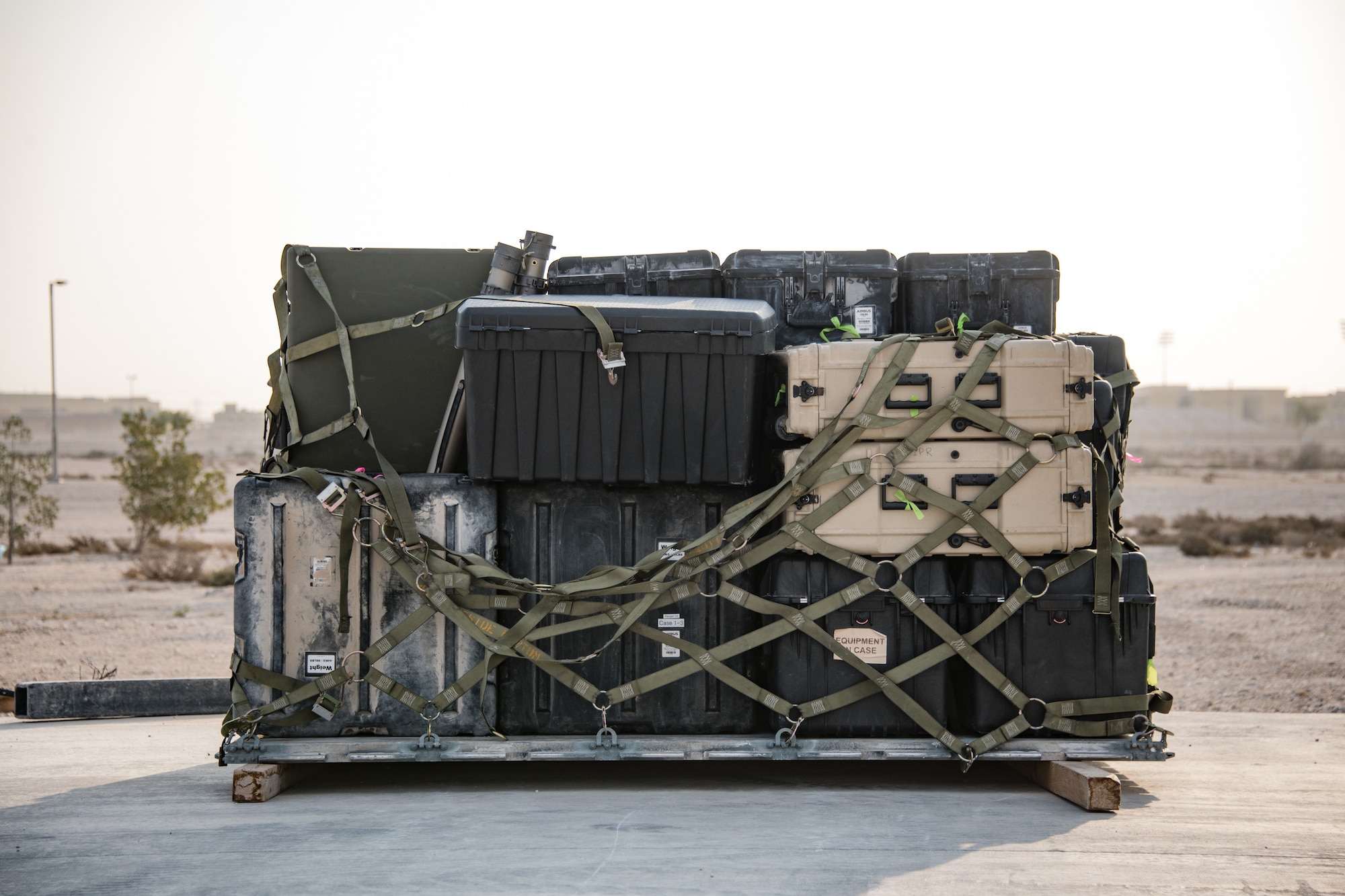 a pallet of cargo sits partially secured