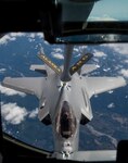 A new F-35A Lightning II refuels midair via a 168th Wing, Alaska Air National Guard KC-135R Stratrotanker, en route from the Lockheed Martin factory in Fort Worth, Texas, to the 354th Fighter Wing, Eielson Air Force Base, Alaska, April 21, 2020. The 168th will receive four more KC-135 Stratotankers and more than 200 active-duty U.S. Air Force personnel.