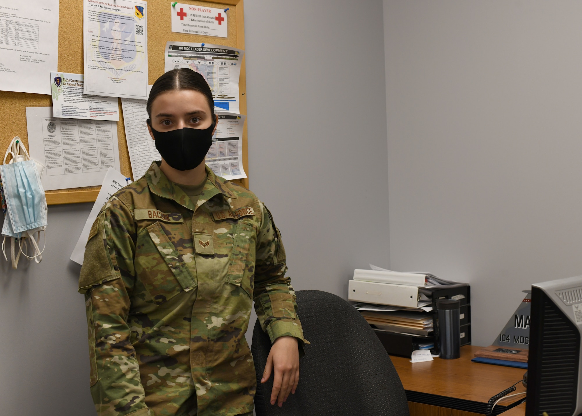 Senior Airman Weronika Baczek, public health technician, 104th Medical Group, poses for a photo, in her office at Barnes Air National Guard Base, Massachusetts, Feb. 17, 2021. Contact tracing is critical for safeguarding 104th Fighter Wing mission readiness and the health of our Barnestormers and surrounding communities from COVID-19. (U.S. Air National Guard courtesy photo)