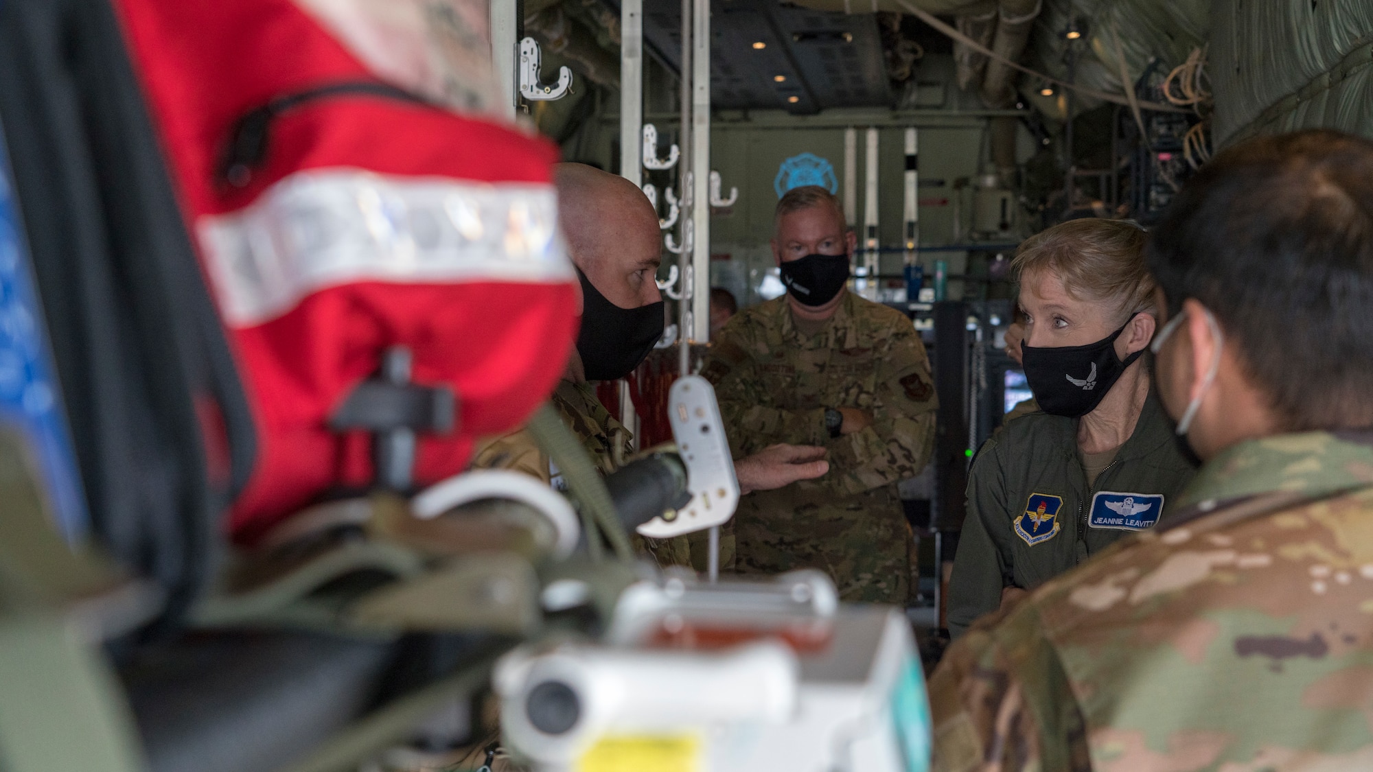 Maj. Gen. Jeannie M. Levitt, director of operations and communications for the Air and Education Training Command at Joint Base San Antonio-Randolph, Texas, learns about the 36th Aeromedical Evacuation Squadron mission from Master Sgt. Ryan McClellan during a visit at Keesler Air Force Base, Miss., March 19, 2021. After joining the Air Force in 1992, Leavitt became the branch's first female fighter pilot in 1993. She visited the 81st Training Wing and the Air Force Reserve's 403rd Wing, and she spoke to members of Team Keesler during an event recognizing International Women's History Month. (U.S. Air Force photo by Staff Sgt. Kristen Pittman)
