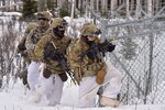 Soldiers participate in a simulated attack at the Donnelly Training Area, Alaska, Feb. 11, 2021, as part of the Arctic Warrior exercise. The Army is currently conducting a gap analysis as part of its new Arctic strategy to identify if any new equipment or training sites will be needed or expanded to prepare Soldiers for upcoming missions in extreme cold weather.