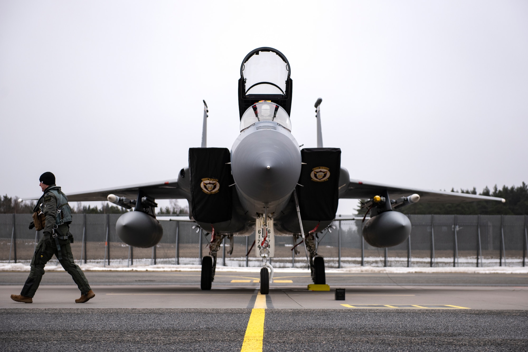 An F-15C Eagle assigned to the 493rd Fighter Squadron sits on the apron after arriving at Amari Air Base, Estonia, in support of Exercise Baltic Trident, March 15, 2021. Exercises like this strengthen interoperability with NATO allies and partner nations, and increase 48th FW sortie generation and sustainment capabilities away from home station through the application of Agile Combat Employment concepts. (U.S. Air Force photo by Airman 1st Class Jessi Monte)
