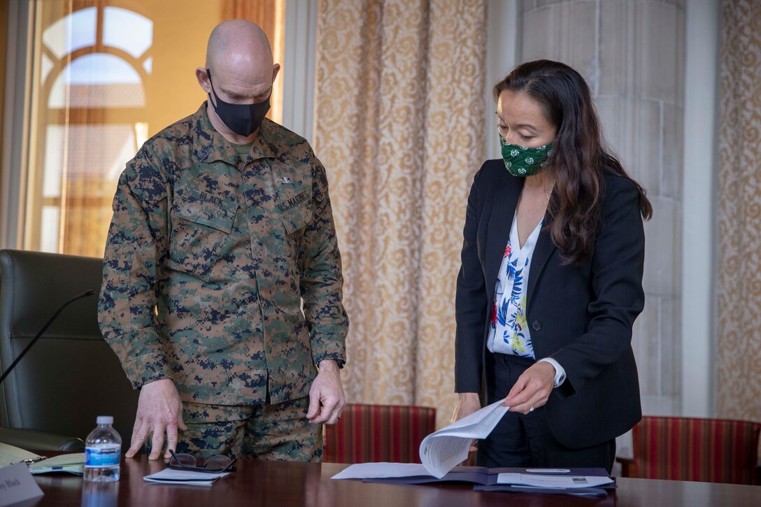 The 19th Sergeant Major of the Marine Corps meets with the leadership of Naval Postgraduate School (NPS) in Monterey Ca, March 9, 2021. The Sergeant Major of the Marine Corps conducted the visit to discuss the school’s education mission and research opportunities for enlisted Marines. The Naval Postgraduate School provides defense-focused graduate education, including classified studies and interdisciplinary research, to advance the operational effectiveness, technological leadership and warfighting advantage of the Naval service. (U.S. Marine Corps photo by Sgt. Victoria Ross)