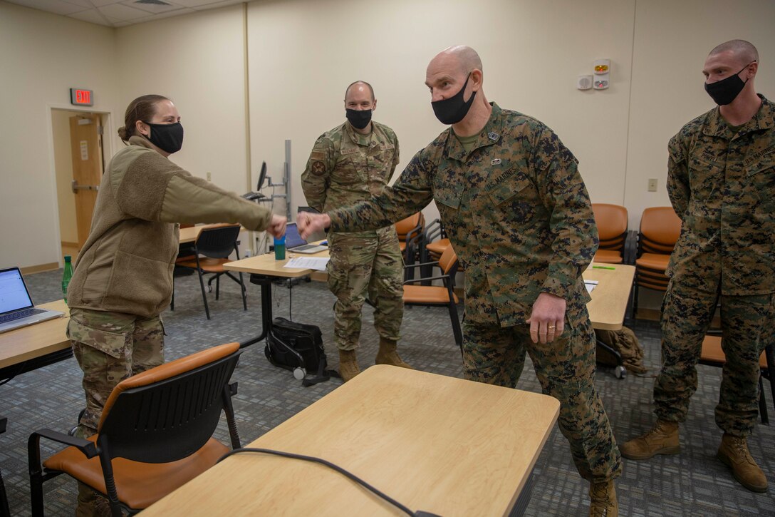 The 19th Sergeant Major of the Marine Corps, Sgt. Maj. Troy E. Black, tours the Defense Language Institute, Foreign Language Center (DLIFLC) in Monterey Ca, March 10, 2021. The Sergeant Major of the Marine Corps conducted to visit to look at one of the many joint-service school Marines have the opportunity to attend. The DLIFLC mission is to provide the highest quality culturally based foreign language education, training and evaluation to enhance the national security of the United States. (U.S. Marine Corps photo by Sgt. Victoria Ross)