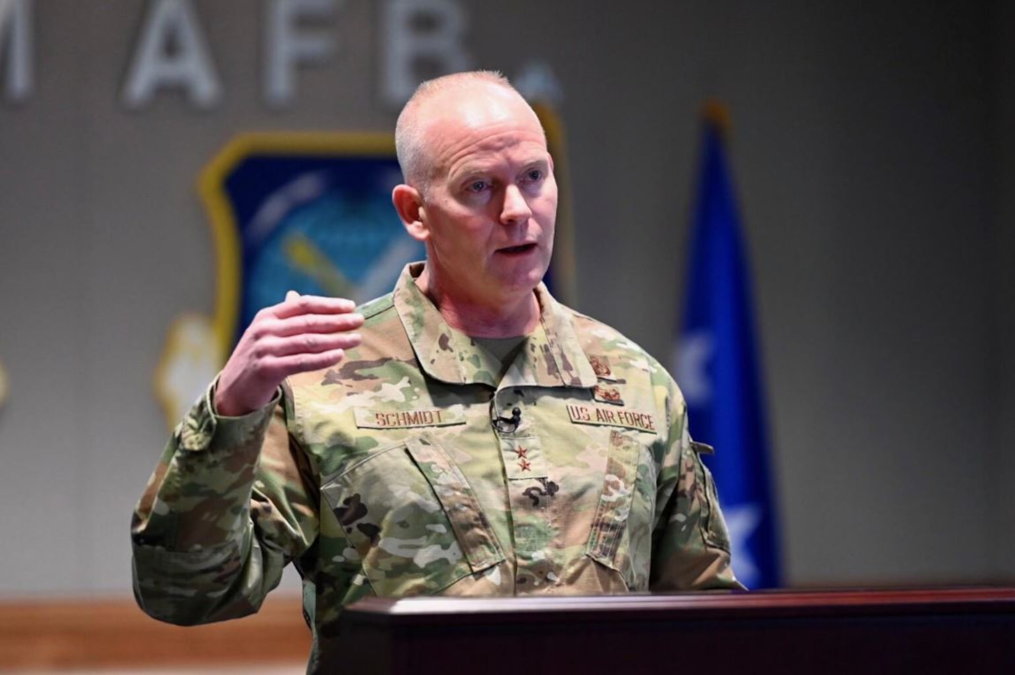 Maj. Gen. Michael Schmidt, program executive officer, Command, Control, Communications, Intelligence, and Networks, headquartered here, speaks to defense and industry leaders during a virtual presentation to AFCEA Lexington-Concord Chapter’s New Horizons 2021 March 17. Schmidt provided an overview of his $12 billion portfolio, discussed the impact of the pandemic on the expansion of IT infrastructure, and provided critical program updates. (U.S. Air Force photo by Mark Herlihy)