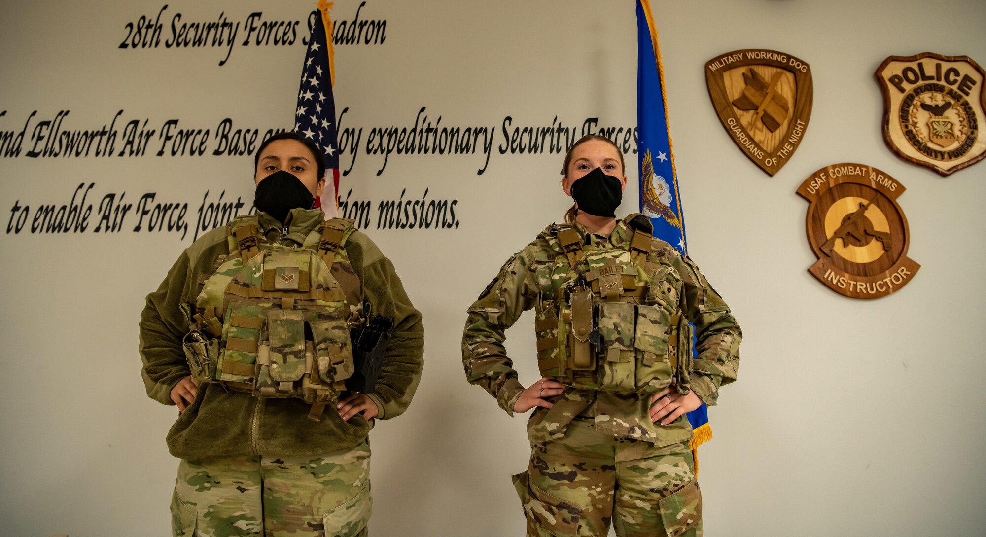 Two defenders from the 28th Security Forces Squadron wear their newly-acquired Aspetto Mach V Female Body Armor (FBA) systems at Ellsworth Air Force Base, S.D., March 17, 2021. The new FBA is designed specifically to fit female Airmen. More than 7,000 FBA vests have been produced and will be distributed throughout 2021 to active-duty, guard and reserve units. (U.S. Air Force photo by Airman Jonah Fronk)