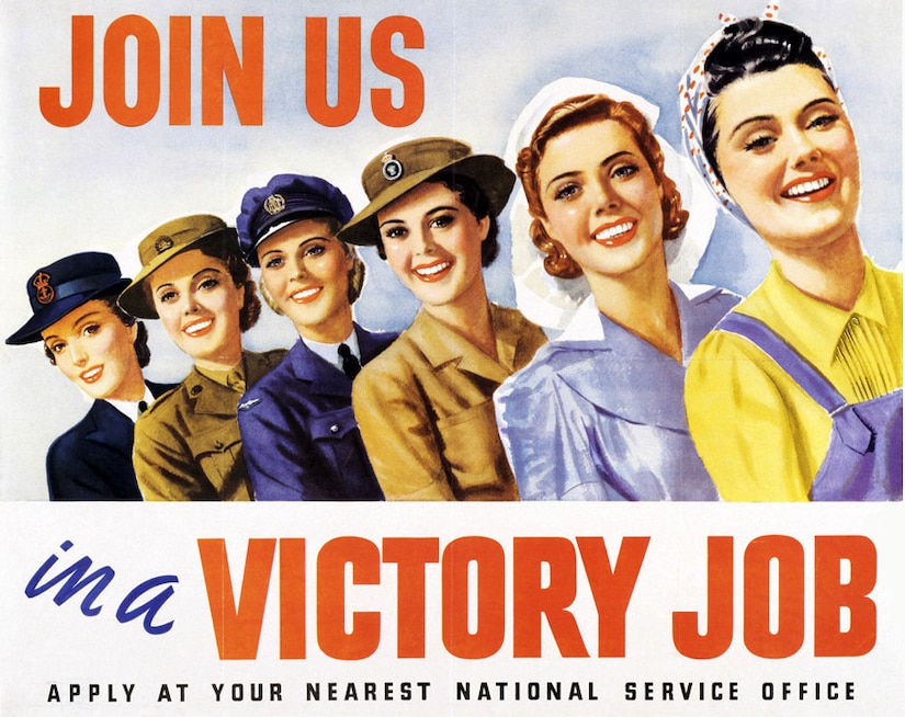 A poster showing women bears the words "Join us in a victory job" and "Apply at your nearest National Service Office."
