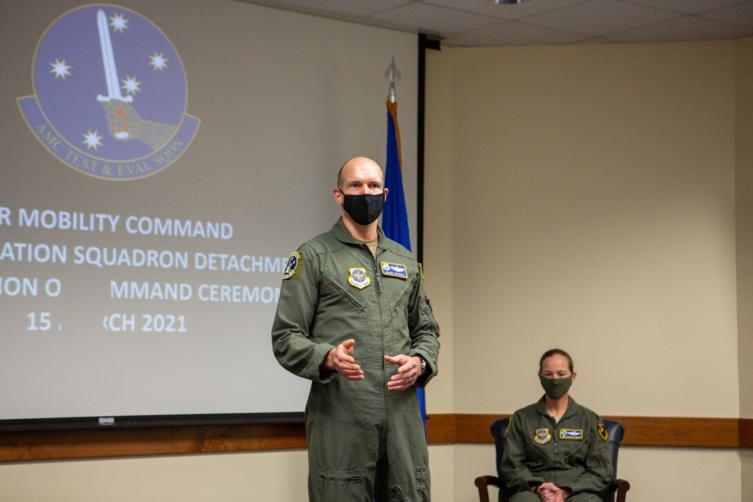 Major Jacob C. Johnson, the new commander of Detachment 3 Air Mobility Command Test and Evaluation Squadron, provides his remarks, during an Assumption of Command ceremony March 15, at Edwards Air Force Base, California. (Air Force photo by Senior Master Sgt. Alexander Berry)