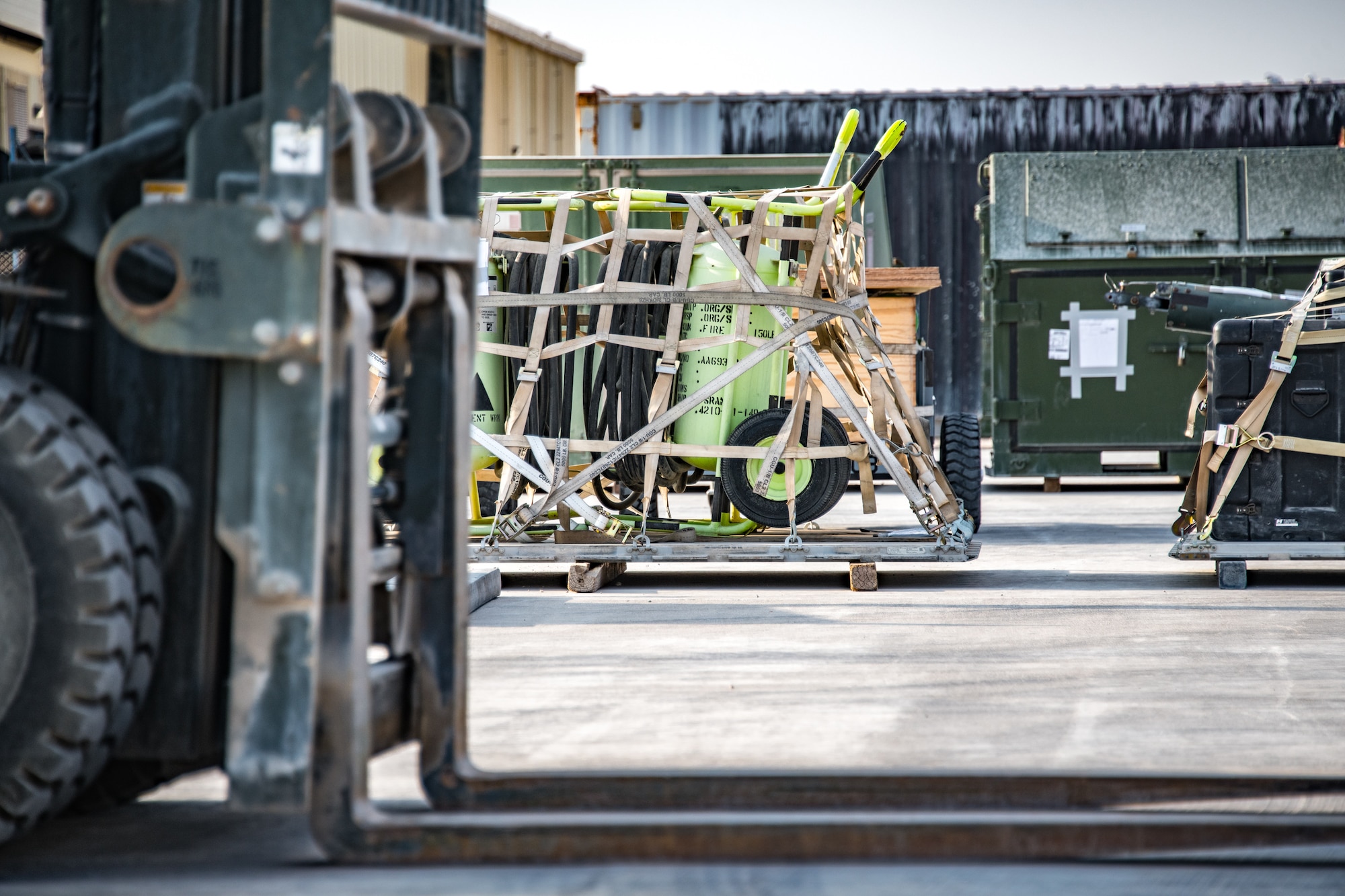 a pallet of cargo sits on a concrete pad