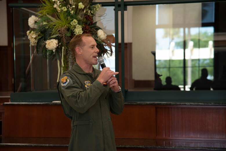 U.S. Air Force Col. Ben Jonsson, 6th Air Refueling Wing commander, delivers remarks during a senior master sergeant promotion release, March 19, 2021, at MacDill Air Force Base, Fla.