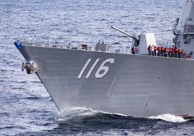 200802-N-EV253-0014 ATLANTIC OCEAN (Aug. 02 2020) The Arleigh Burke-class guided-missile destroyer USS Thomas Hudner (DDG 116) transits the Atlantic Ocean. Thomas Hudner is operating in the Atlantic Ocean in support of naval operations to maintain maritime stability and security in order to ensure access, deter aggression and defend U.S., allied and partner interests.