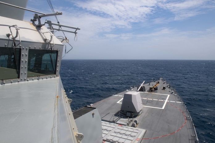 200802-N-EV253-0013 ATLANTIC OCEAN (Aug. 02 2020) The Arleigh Burke-class guided-missile destroyer USS Thomas Hudner (DDG 116) transits the Atlantic Ocean. Thomas Hudner is operating in the Atlantic Ocean in support of naval operations to maintain maritime stability and security in order to ensure access, deter aggression and defend U.S., allied and partner interests.