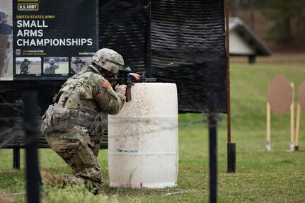 Sgt. Jameson Nelms, with the Wisconsin National Guard’s 1st Battalion, 128th Infinity, fires his M4 carbine at targets during the multi-gun match at the 2021 U.S. Army “All Army” Small Arms Championships at Fort Benning, Georgia, March 14-20, 2021. National Guard teams and individuals brought home 23 of 31 top awards.