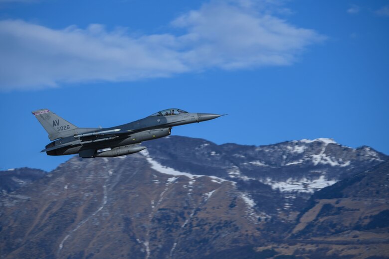 A U.S. Air Force F-16 Fighting Falcon assigned to the 510th Fighter Squadron ascends above Aviano Air Base, Italy, March 22, 2021. Increase flying operations are key to the success of maintaining the 31st Fighter Wing’s ‘Adapt, Deter, Dominate’ capabilities. It also provided critical training opportunities for Airmen from the 31st Maintenance Group and 31st Operations Group. (U.S. Air Force photo by Senior Airman Ericka A. Woolever)