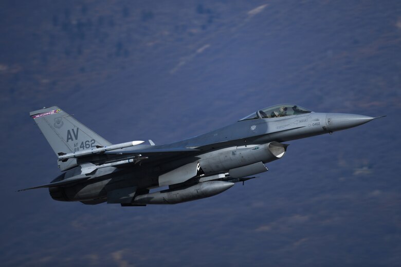 A U.S. Air Force F-16 Fighting Falcon assigned to the 555th Fighter Squadron takes-off at Aviano Air Base, Italy, March 22, 2021. Increase flying operations are key to the success of maintaining a free and open U.S. European Command and U.S. Africa Command. It also provided critical training opportunities for Airmen from the 31st Maintenance Group and 31st Operations Group. (U.S. Air Force photo by Senior Airman Ericka A. Woolever)