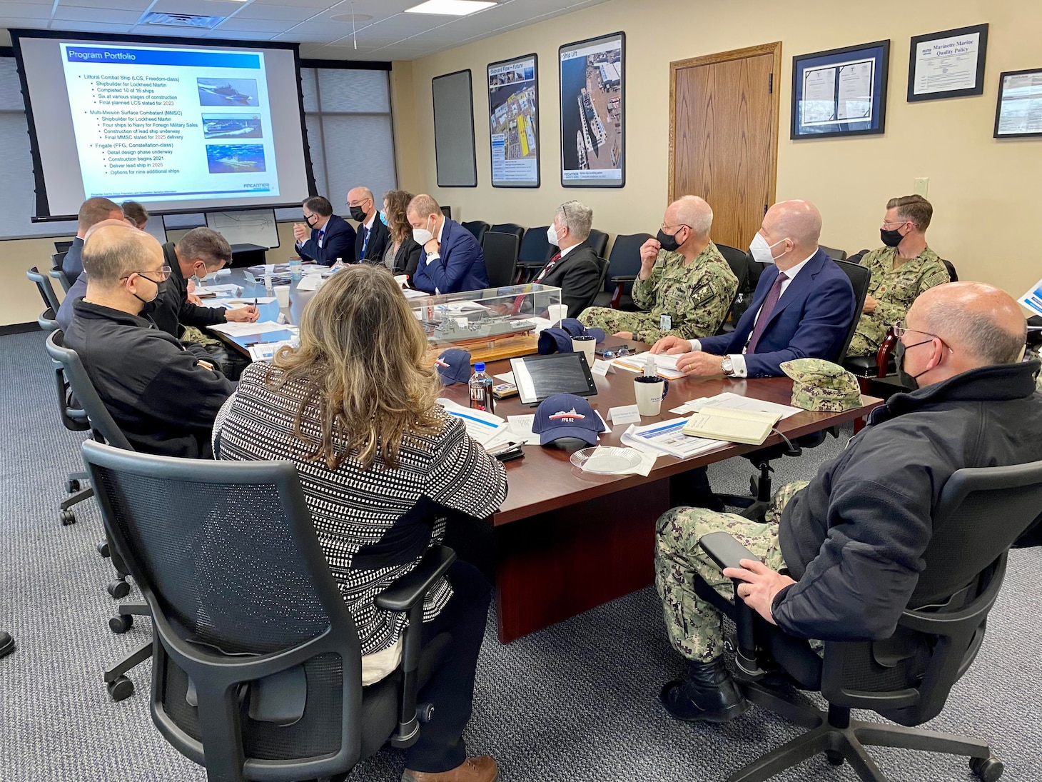 MARINETTE, Wis. (Mar. 23, 2021) - Chief of Naval Operations (CNO) Adm. Mike Gilday tours Fincantieri Marinettte Marine Shipyard with leadership from the shipyard. During the visit, CNO also received briefs on a range of topics, including the Navy’s new Constellation-class Guided-Missile Frigate (FFG) and Large Unmanned Surface Vehicle (LUSV) development. (U.S. Navy photo by Cmdr. Nate Christensen/Released)