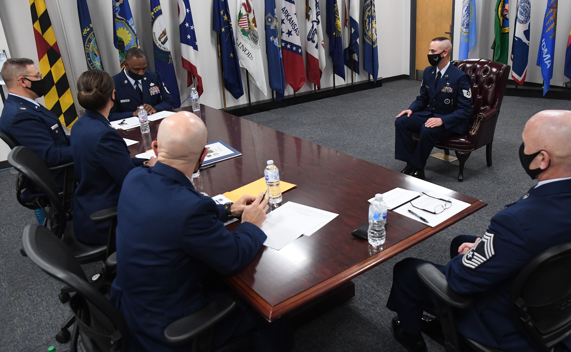 U.S. Air Force Tech. Sgt. Landon Spaulding, 81st Training Support Squadron military training leader school instructor, attends a formal board inside the Levitow Training Support Facility at Keesler Air Force Base, Mississippi, March 5, 2021. The Master Military Training Leader Program, which was created at Keesler, was designed to distinguish the military training leaders who have mastered the demonstration, evaluation and reinforcement of military standards; exude military bearing and discipline while scheduling and conducting military training; and are key leaders among Airmen and their peers. (U.S. Air Force photo by Kemberly Groue)