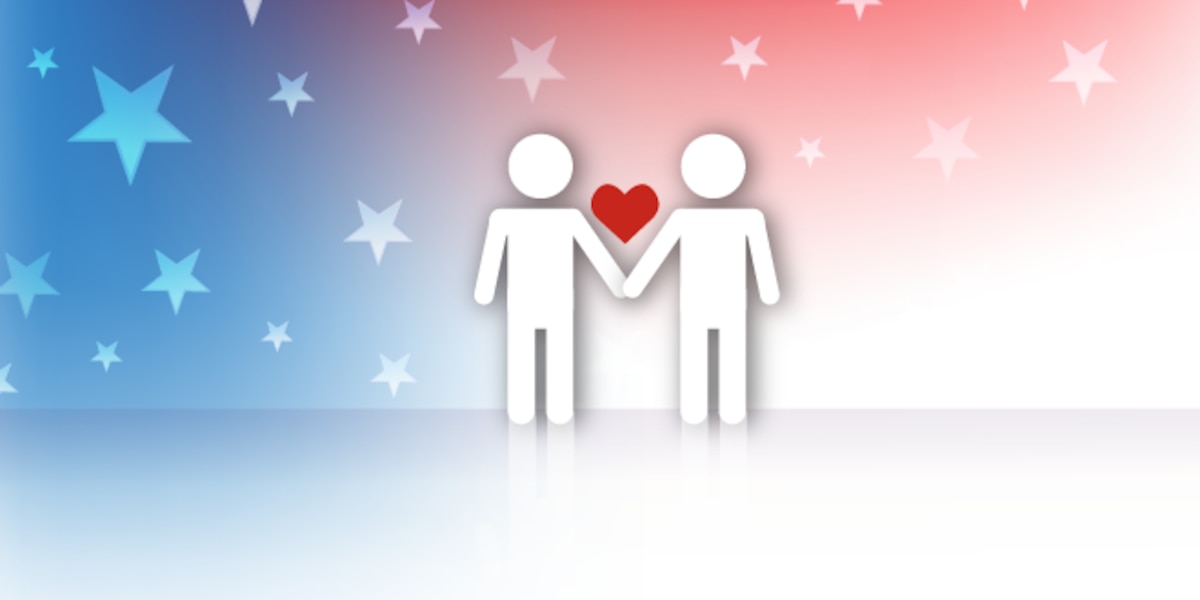 Concept image of same sex marriage. Two same gender stick figures holding hands with a heart over their hands.