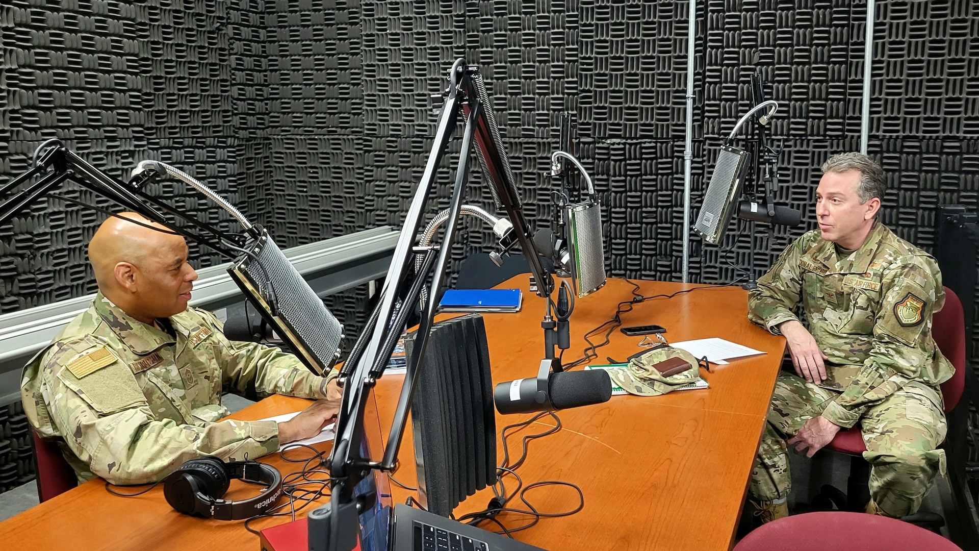 New York Air National Guard Command Chief Master Sgt. Denny Richardson, left, speaks with Col. Rob Donaldson, the vice commander of the New York Air National Guard’s 109th Airlift Wing, March 23, 2021, at Stratton Air National Guard Base near Schenectady in the first episode of his podcast, “Journeys Through Leadership.” Richardson, the senior enlisted leader for the New York Air National Guard, plans to use the podcast so Airmen of all ranks and experience can share their stories with others in the force.